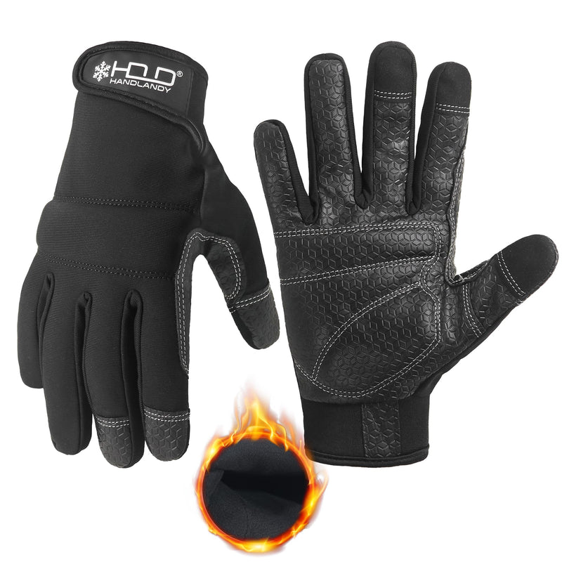 HANDLANDY Winter Work Gloves with Grip for Men & Women, Utility Mechanic Touch Screen Working Gloves for Gardening, Driving, Tool Handling, Construction (Black, Large)