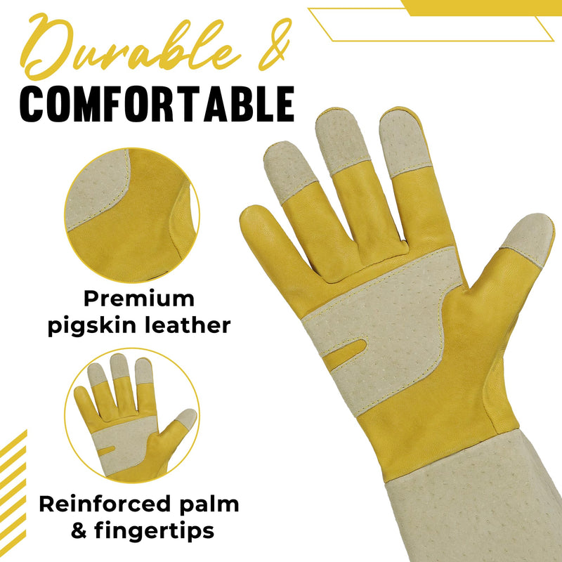 HANDLANDY Rose Pruning Gloves for Men & Women, Thorn Proof Long Garden Gloves, Gardening Gifts for Gardeners (Yellow- goatskin, Medium (Pack of 1)) 5197