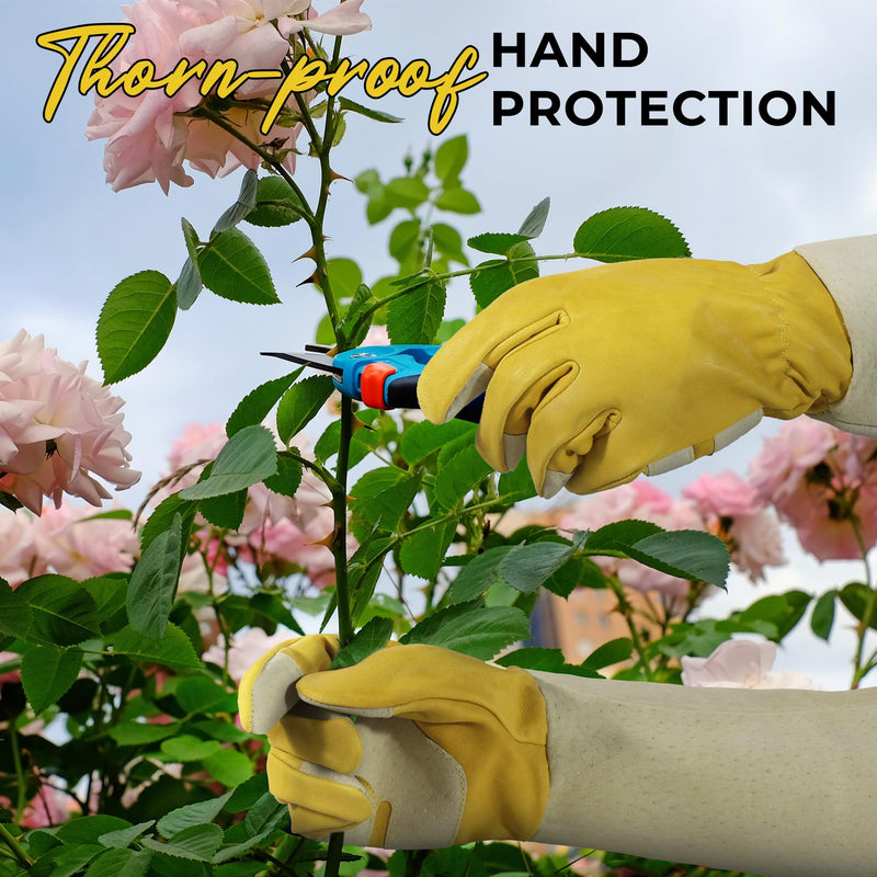 HANDLANDY Rose Pruning Gloves for Men & Women, Thorn Proof Long Garden Gloves, Gardening Gifts for Gardeners (Yellow- goatskin, Medium (Pack of 1)) 5197