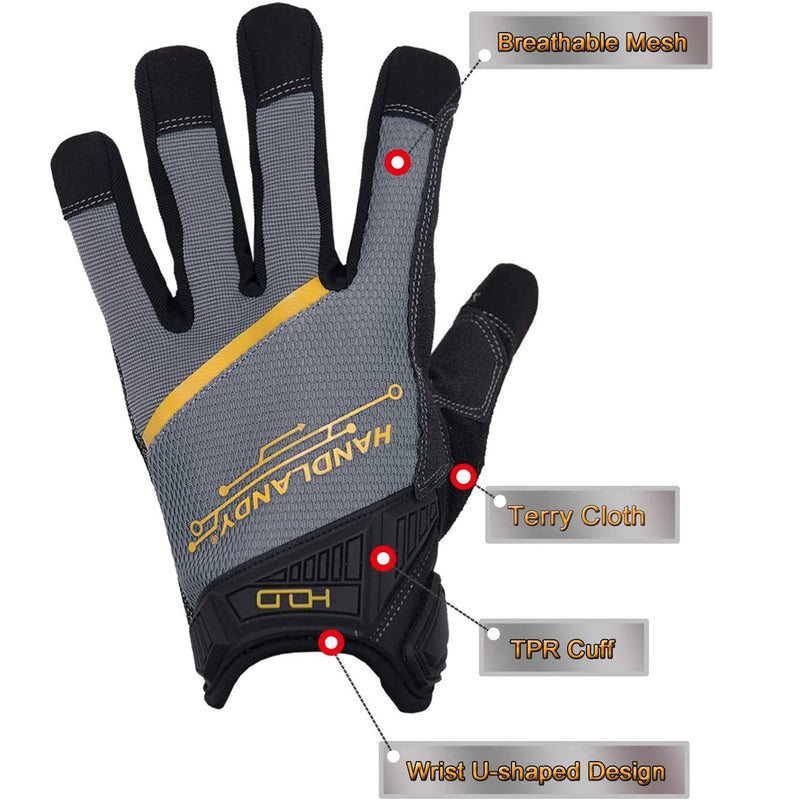 Handlandy Heavy Duty Work Gloves Men, Touchscreen TPR Impact Reducing Work Gloves, Non-Slip Breathable Mechanics Gloves, Large, Men's, Black
